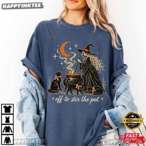 Off To Stir The Pot Witch Black Cat Halloween T Shirt (1)