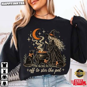 Off To Stir The Pot Witch Black Cat Halloween T Shirt (2)