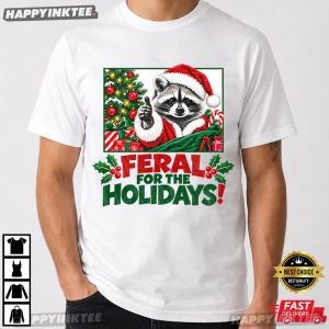 Feral For The Holidays Christmas Raccoon Santa Graphic T Shirt (1)