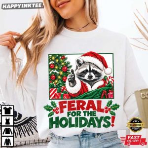 Feral For The Holidays Christmas Raccoon Santa Graphic T Shirt (2)