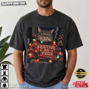 Festive AF Grumpy Tabby Cat Christmas Holiday Season Meme T Shirt (4)