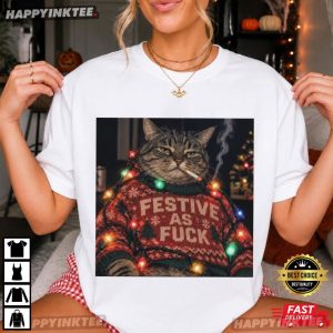 Festive AF Grumpy Tabby Cat Christmas Holiday Season Meme T Shirt (1)