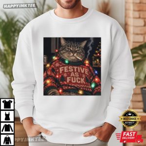 Festive AF Grumpy Tabby Cat Christmas Holiday Season Meme T Shirt (2)