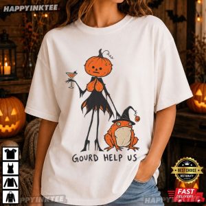 Gourd Help Us Pumpkin Lady And Witch Hat Frog Halloween T Shirt (1)