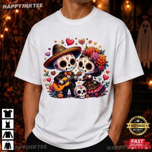 Day Of The Dead Cute Sugar Skull Couple Graphic Fall Holiday T Shirt (4)
