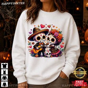Day Of The Dead Cute Sugar Skull Couple Graphic Fall Holiday T Shirt (2)